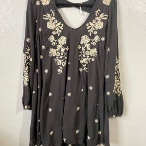Free People Sweet Tennessee Black Embroidered Mini Dress Long Sleeve Boho Small